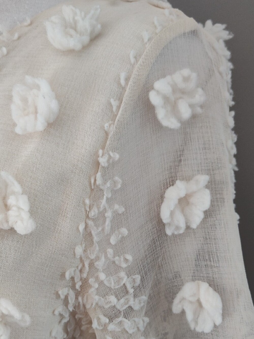 Entro Cream Textured Lined Mini Dress with Floral Appliqués And Bell Sleeves - Picture 5 of 16